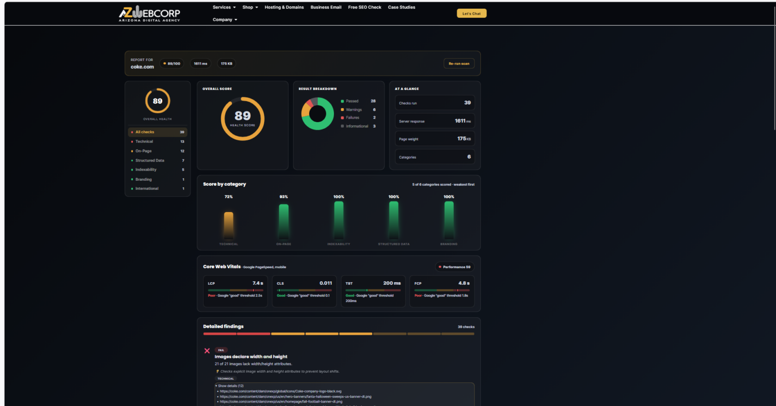 AZWebCorp public SEO audit report with health score, category scores and detailed findings