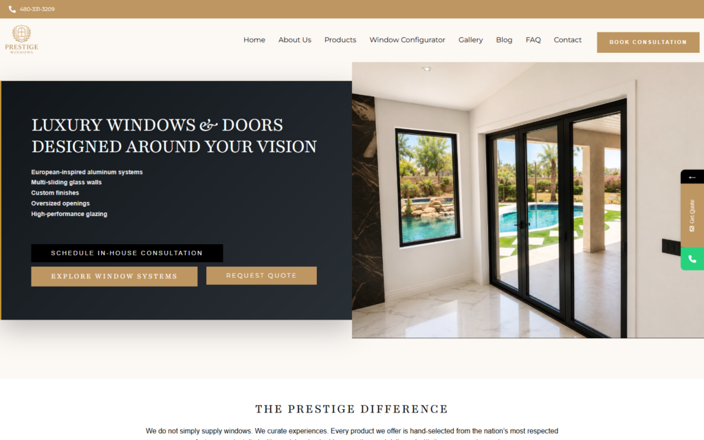 Prestige Windows live homepage showing the charcoal and gold visual system with large-format product imagery