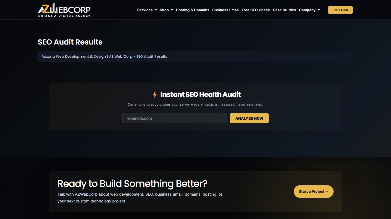 AZWebCorp public SEO audit tool showing the address entry and report interface