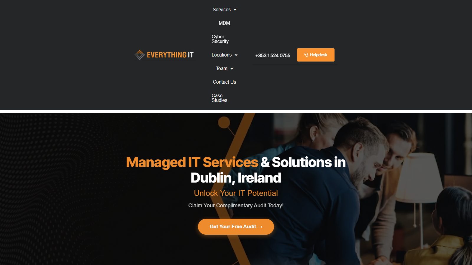 Everything IT homepage showing the Dublin IT support positioning and service navigation
