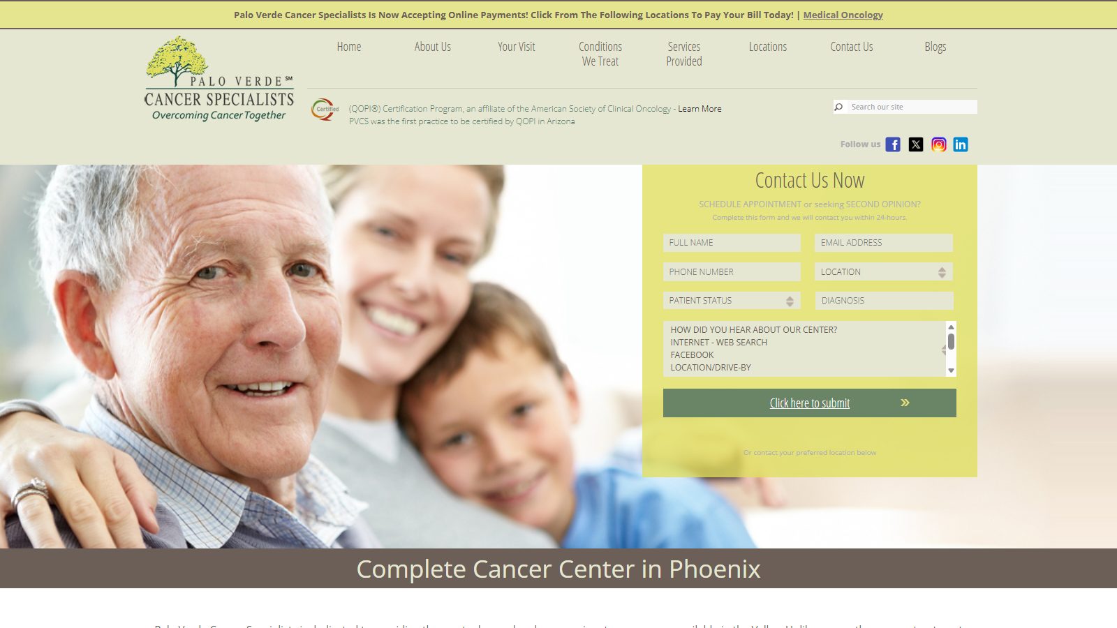 Cancer practice homepage showing the location directory, physician profiles and treatment services