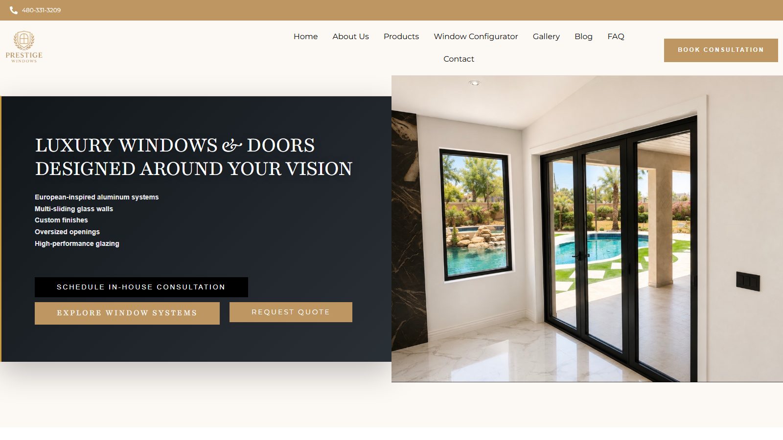 Prestige Windows homepage with the charcoal and gold visual system and large-format product photography