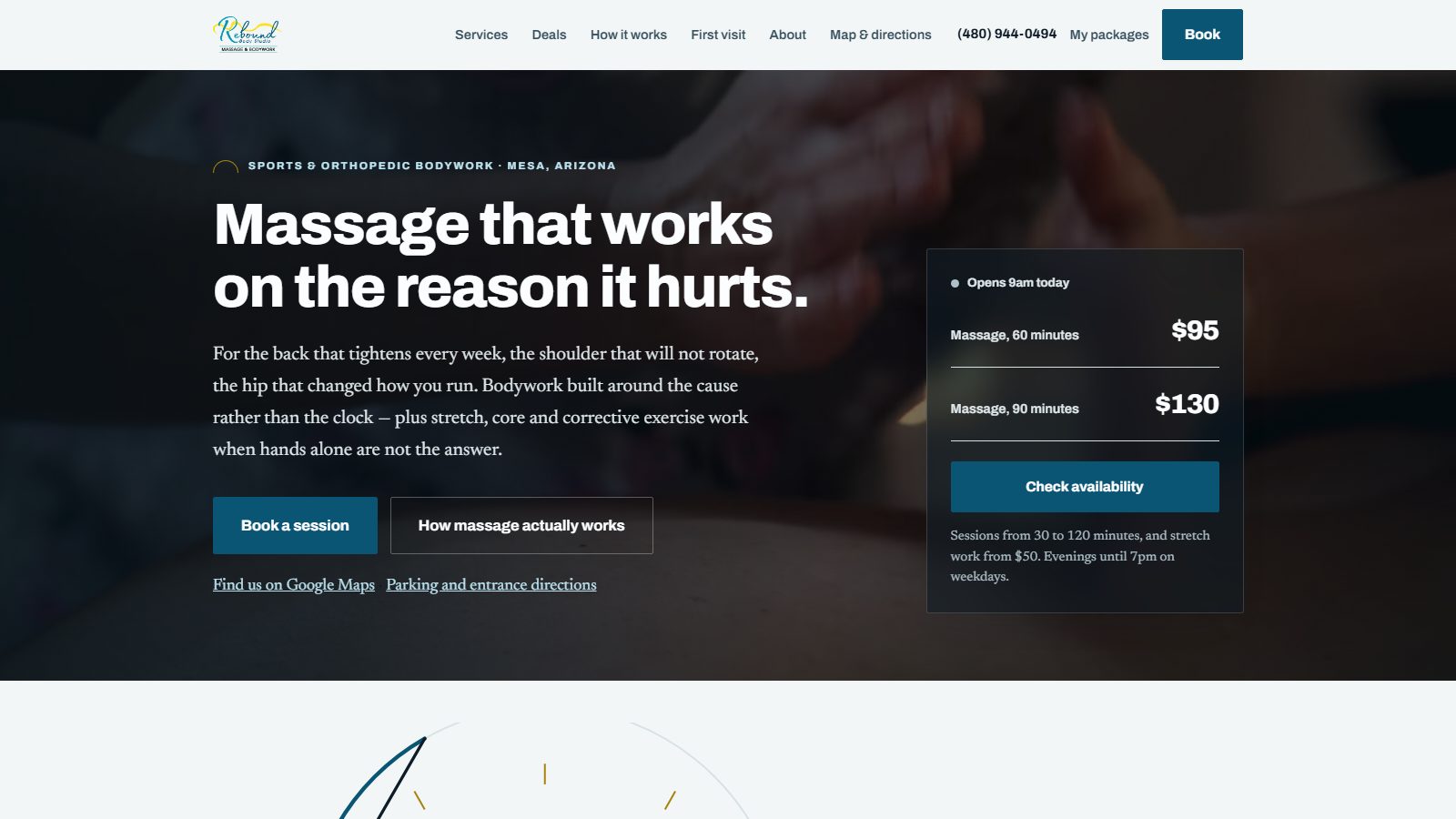 Rebound Body Studio homepage showing the sports and orthopedic massage positioning, session pricing and booking call to action
