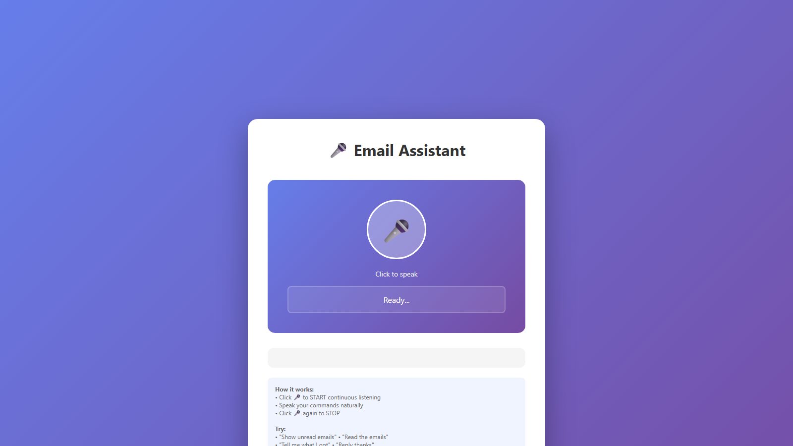 Voice email portal interface with the microphone control, spoken command transcript and status